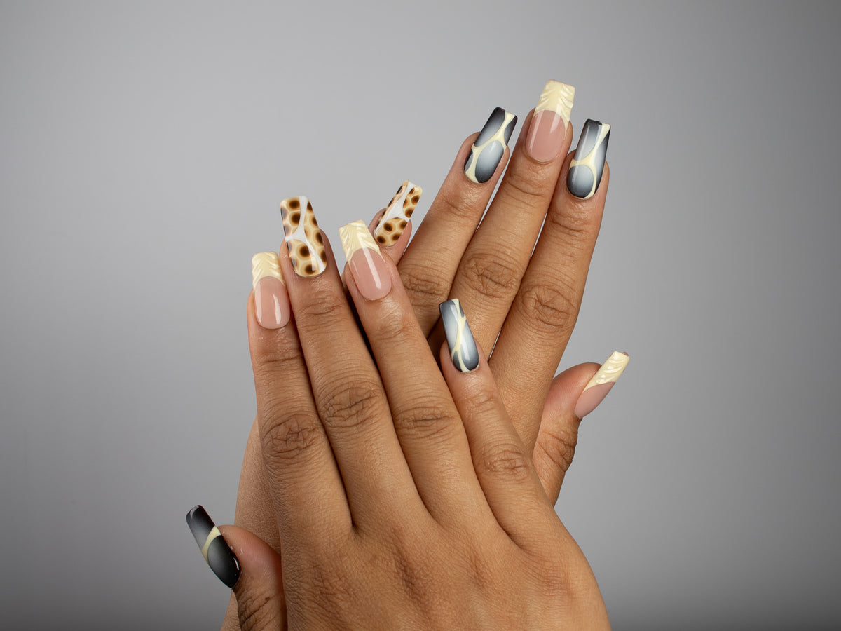 SMOKE SIGNAL, square press-on nails, medium length, animal print, French tip, fade, view 6