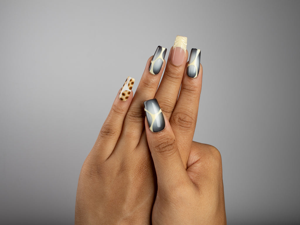 SMOKE SIGNAL, square press-on nails, medium length, animal print, French tip, fade, view 7