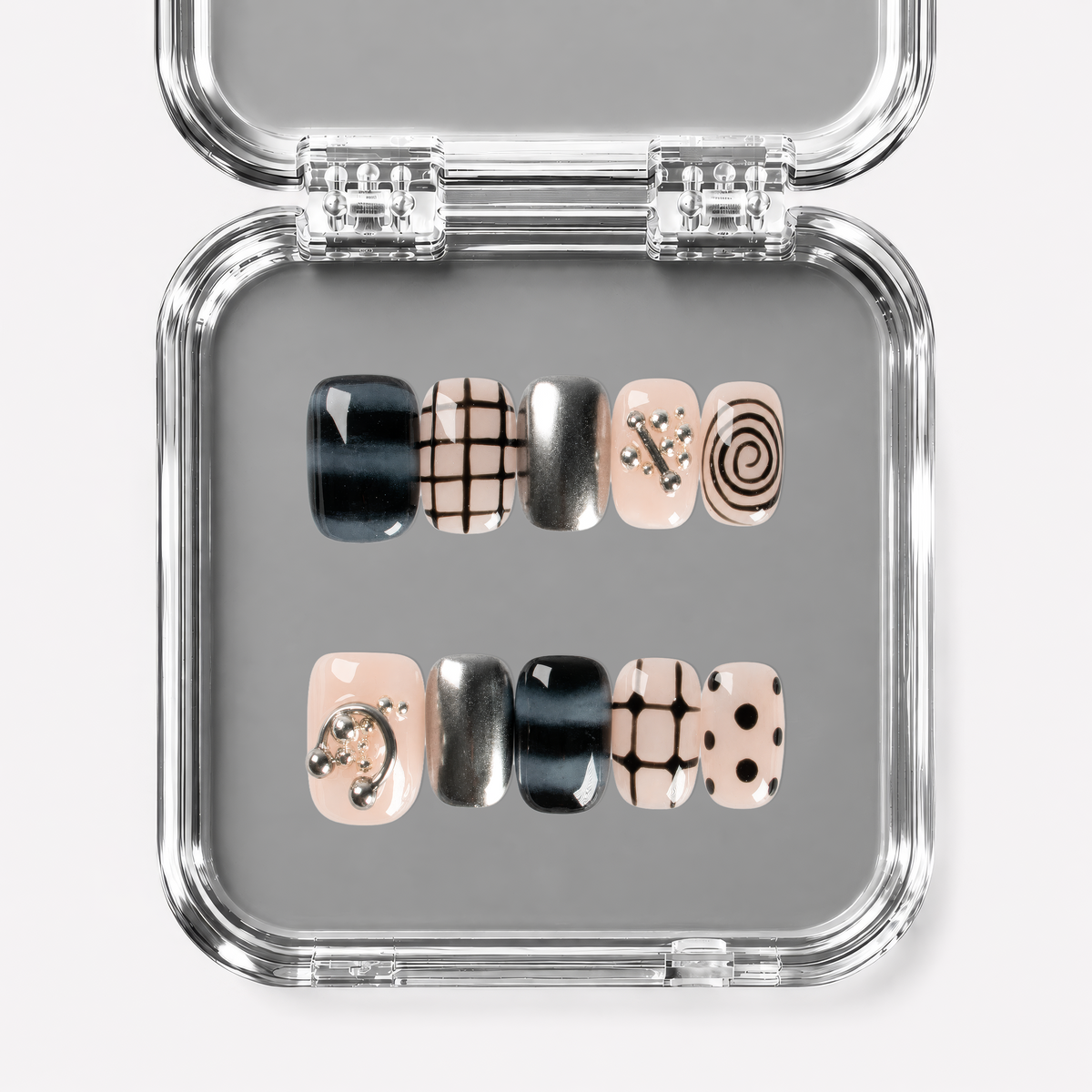 SOFT STATIC, square press-on nails, short length, 3D, chrome, polka dots, view 1