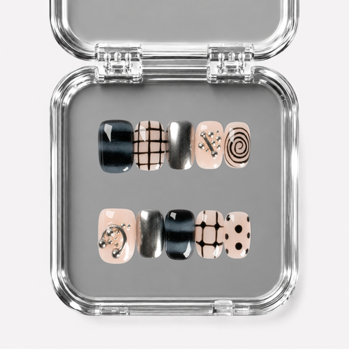 SOFT STATIC, square press-on nails, short length, 3D, chrome, polka dots, view 1