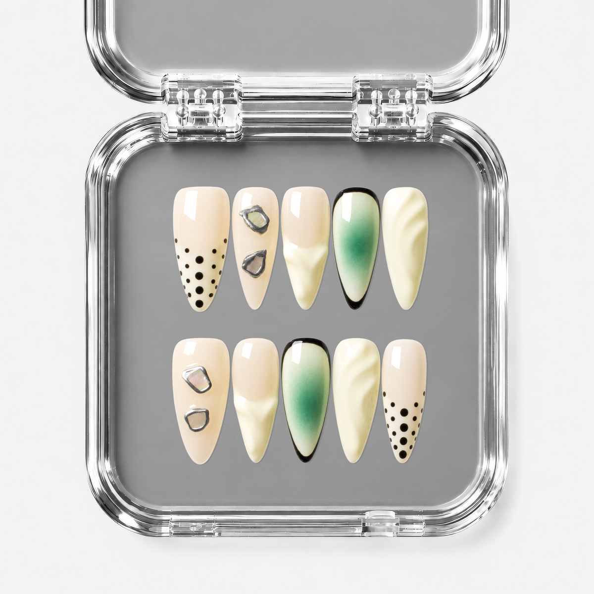 STILL LIFE, stiletto press-on nails, medium length, 3D, fade, polka dots, view 1