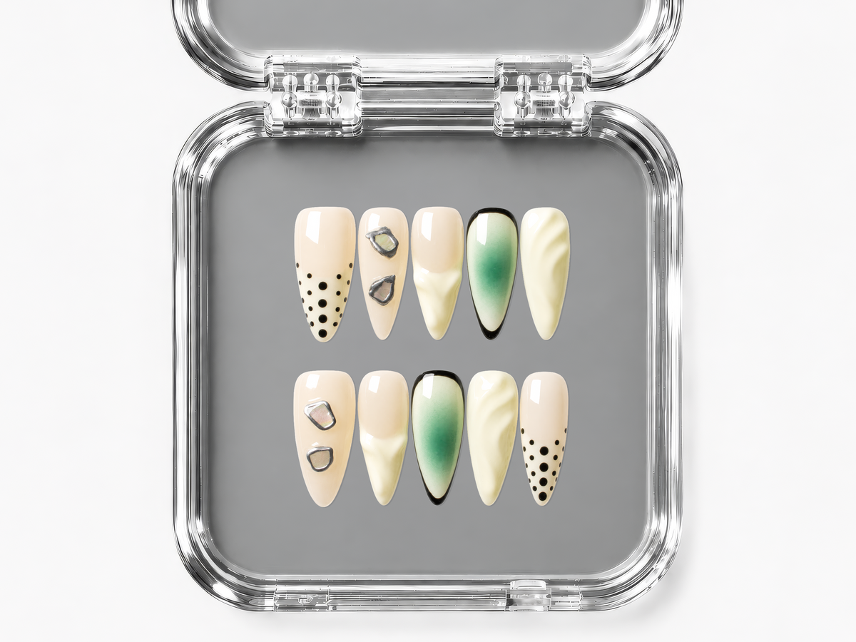 STILL LIFE, stiletto press-on nails, medium length, 3D, fade, polka dots, view 4