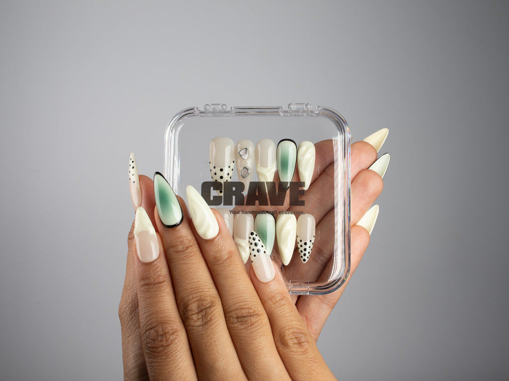STILL LIFE, stiletto press-on nails, medium length, 3D, fade, polka dots, view 5