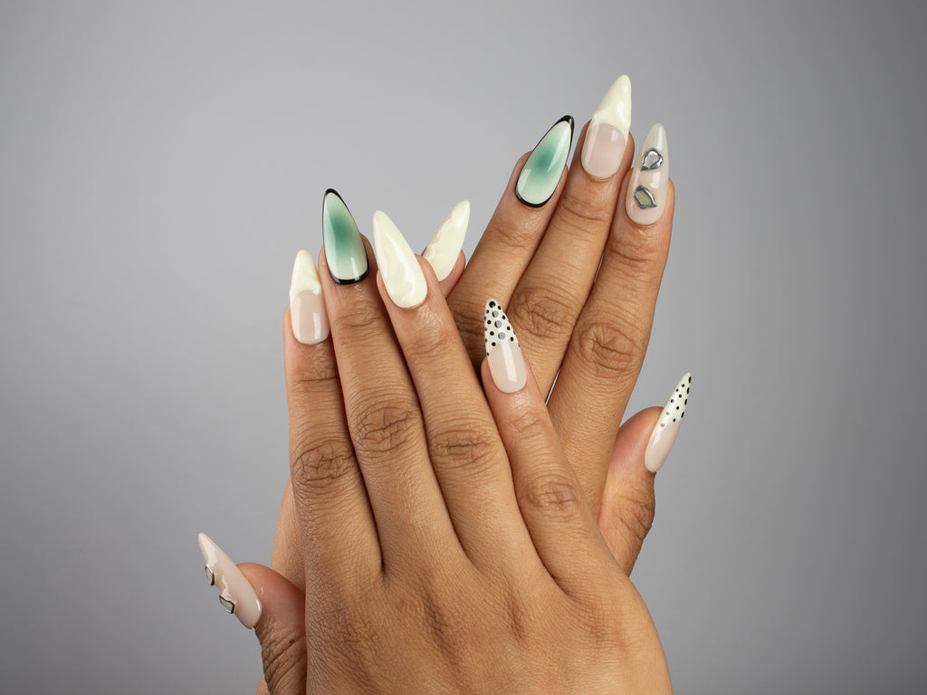 STILL LIFE, stiletto press-on nails, medium length, 3D, fade, polka dots, view 6