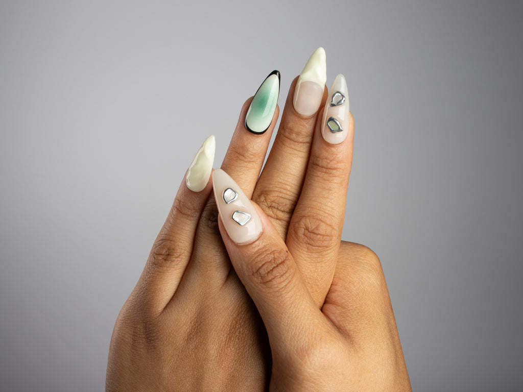 STILL LIFE, stiletto press-on nails, medium length, 3D, fade, polka dots, view 7