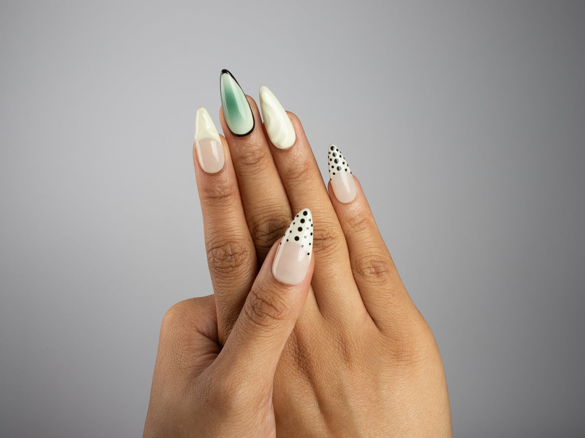 STILL LIFE, stiletto press-on nails, medium length, 3D, fade, polka dots, view 8