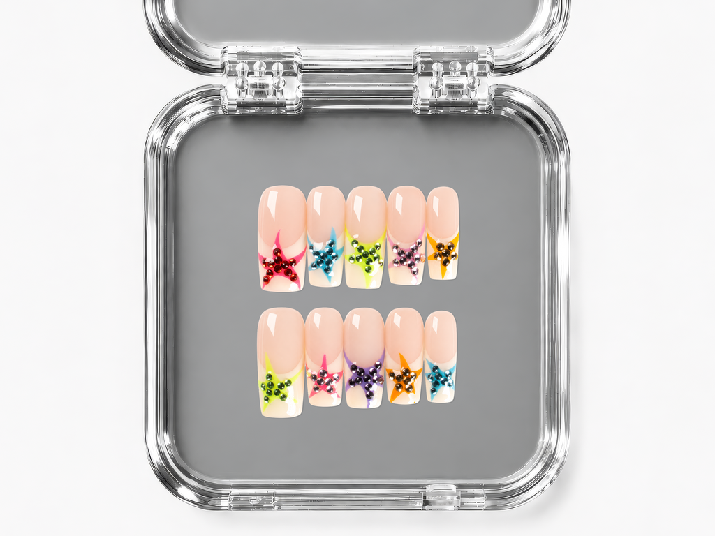 SUGAR SATELLITE, square press-on nails, medium length, 3D, French tip, view 4