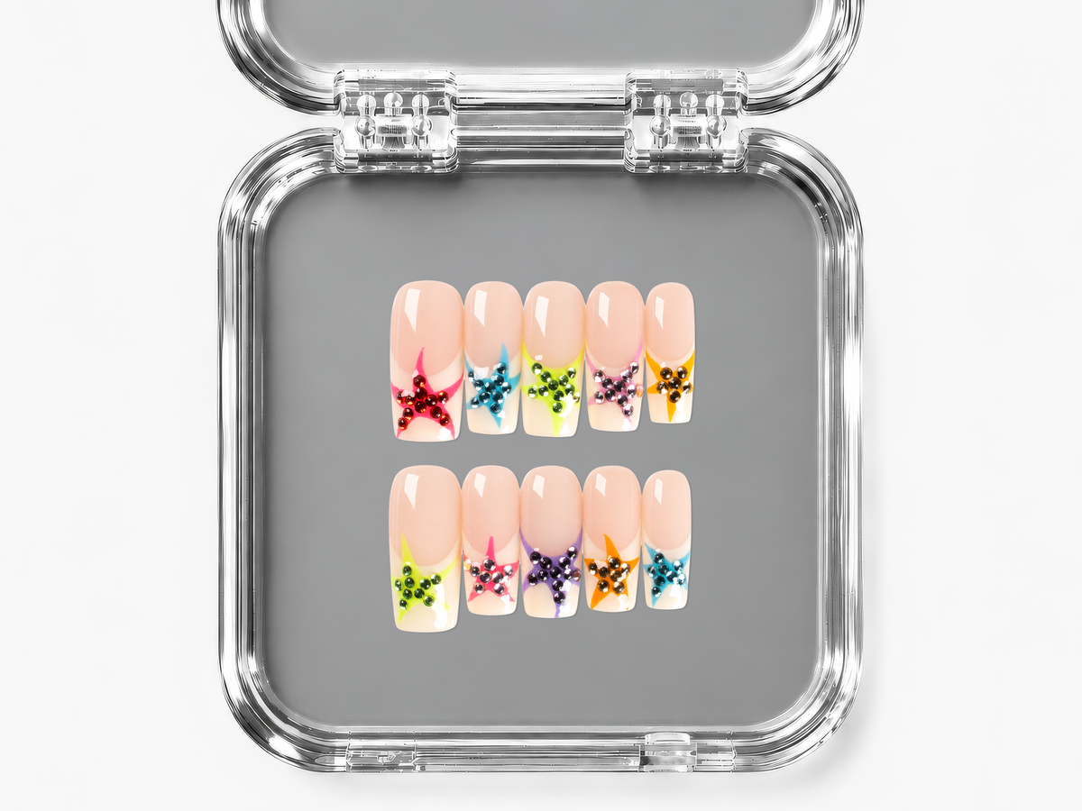 SUGAR SATELLITE, square press-on nails, medium length, 3D, French tip, view 4