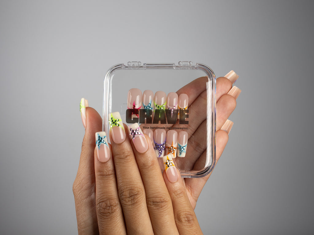 SUGAR SATELLITE, square press-on nails, medium length, 3D, French tip, view 5