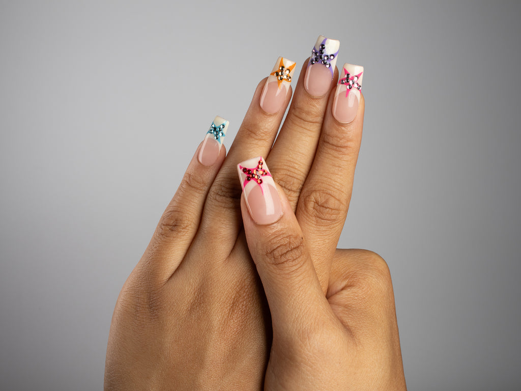 SUGAR SATELLITE, square press-on nails, medium length, 3D, French tip, view 7
