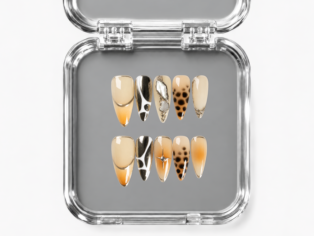 SUNDAY SAFARI, stiletto press-on nails, medium length, animal print, chrome, fade, view 4