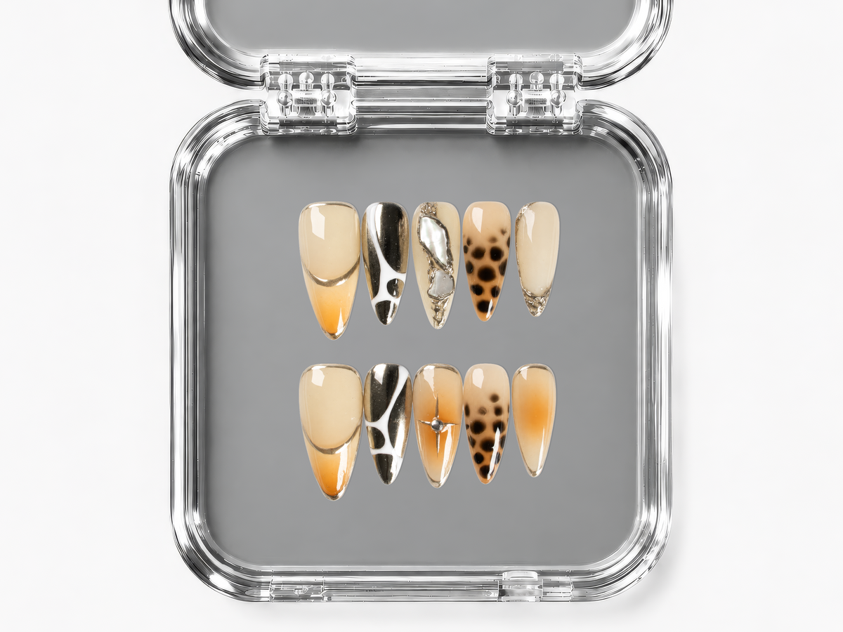 SUNDAY SAFARI, stiletto press-on nails, medium length, animal print, chrome, fade, view 4
