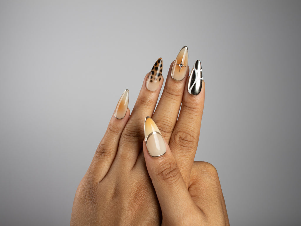 SUNDAY SAFARI, stiletto press-on nails, medium length, animal print, chrome, fade, view 7