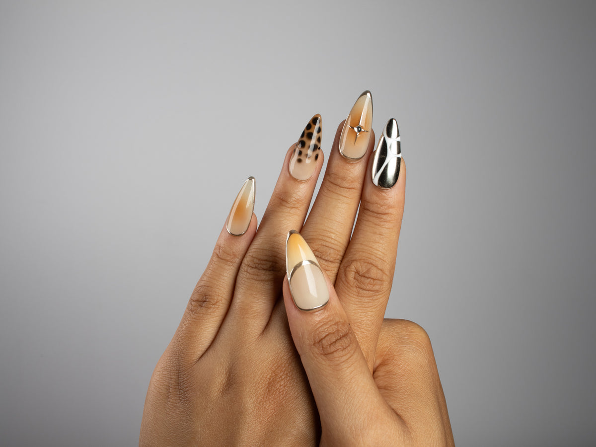 SUNDAY SAFARI, stiletto press-on nails, medium length, animal print, chrome, fade, view 7
