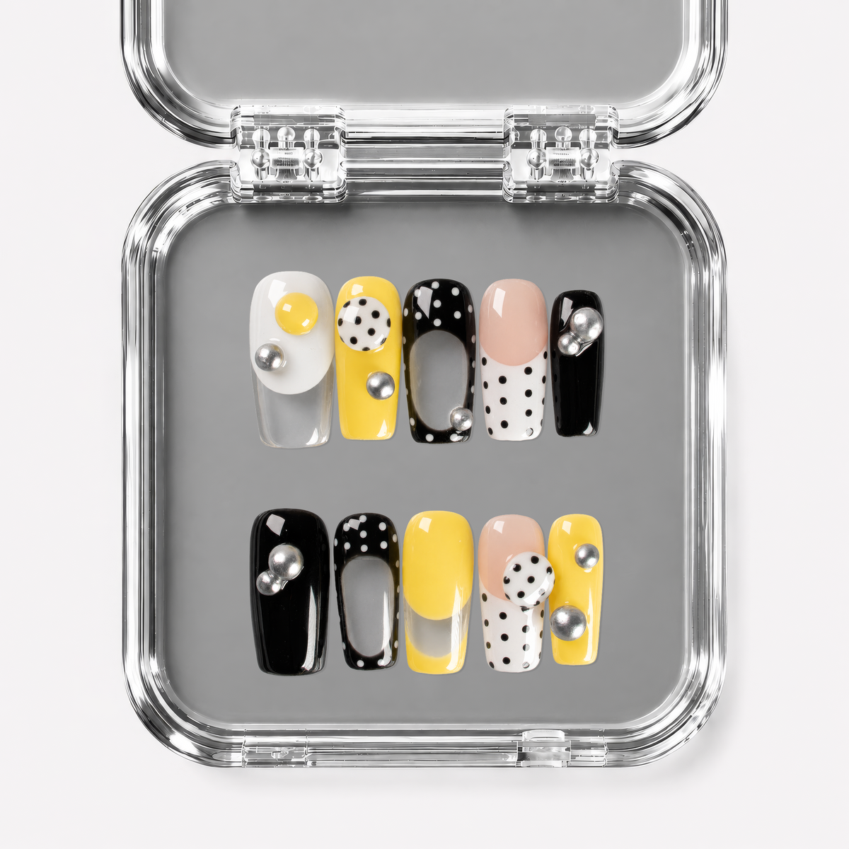 TAXI CAB, square press-on nails, medium length, 3D, French tip, polka dots, view 1