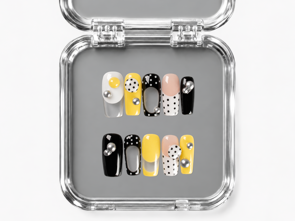 TAXI CAB, square press-on nails, medium length, 3D, French tip, polka dots, view 4