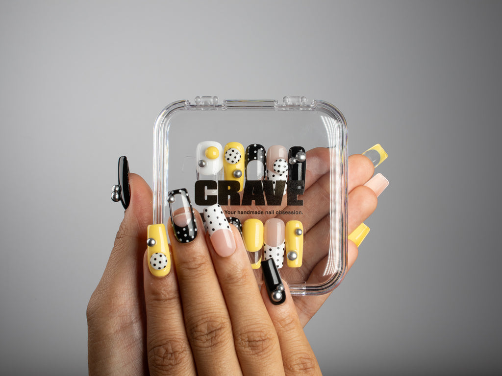 TAXI CAB, square press-on nails, medium length, 3D, French tip, polka dots, view 5