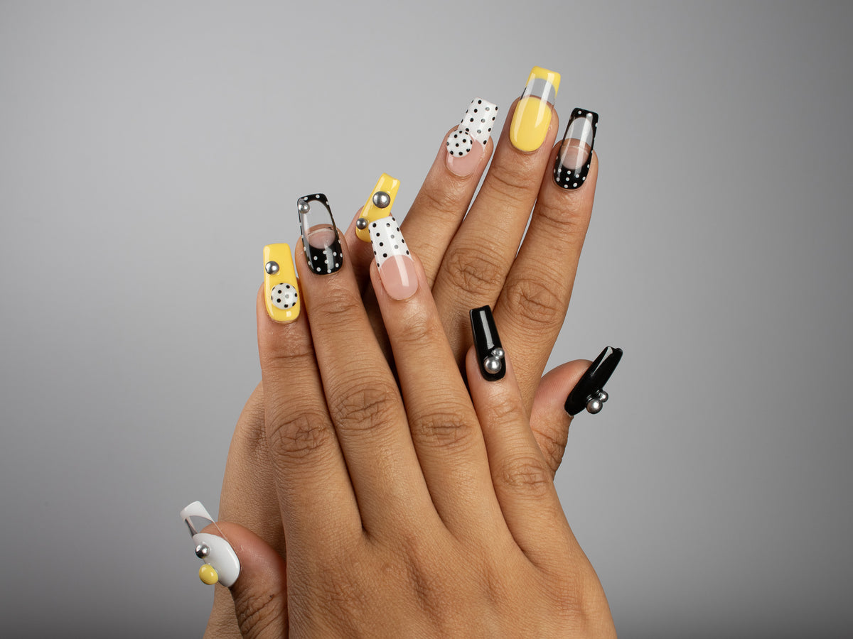 TAXI CAB, square press-on nails, medium length, 3D, French tip, polka dots, view 6