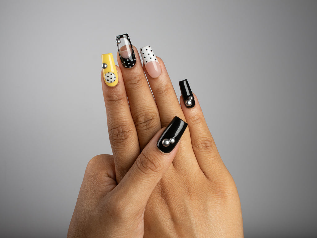 TAXI CAB, square press-on nails, medium length, 3D, French tip, polka dots, view 8
