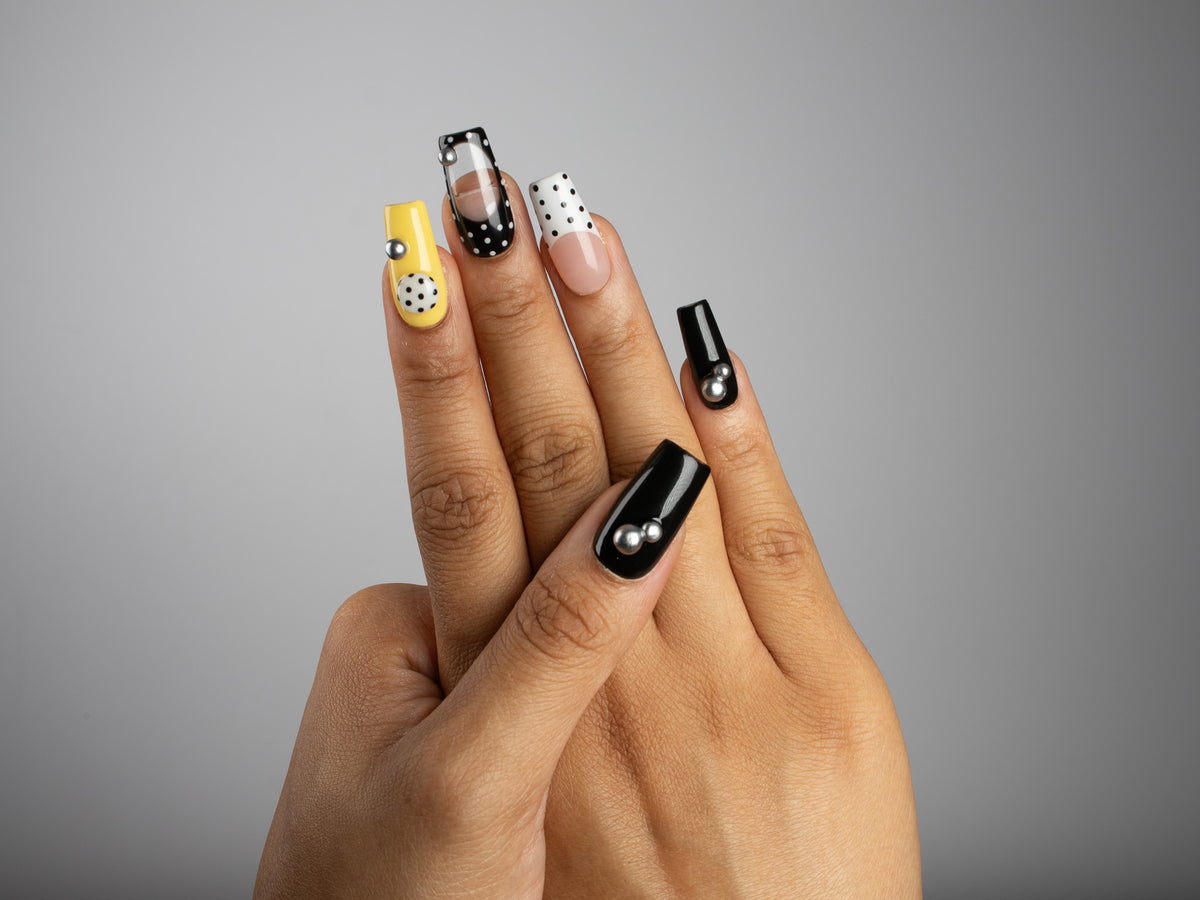 TAXI CAB, square press-on nails, medium length, 3D, French tip, polka dots, view 8