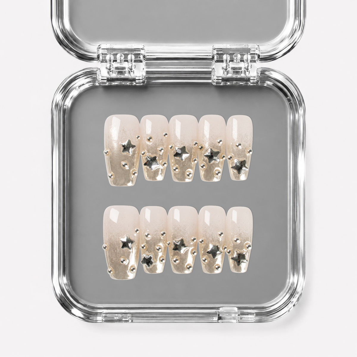 UNDERSTUDY, coffin press-on nails, medium length, 3D, chrome, view 1