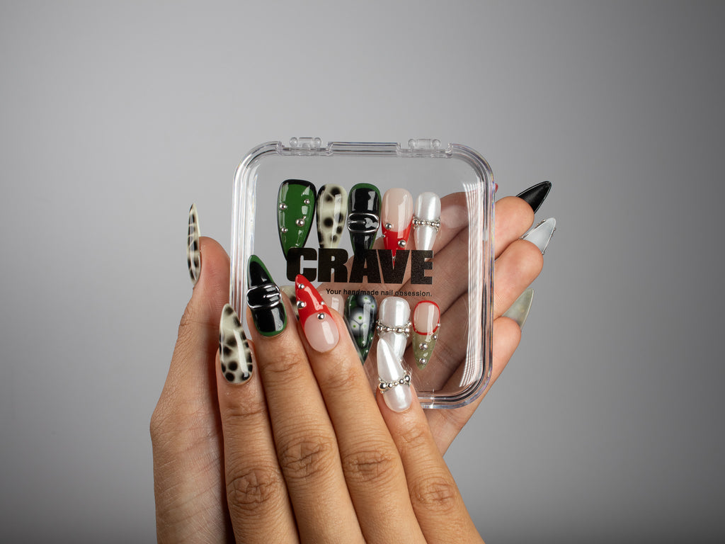 VEIL, stiletto press-on nails, medium length, 3D, animal print, French tip, view 5