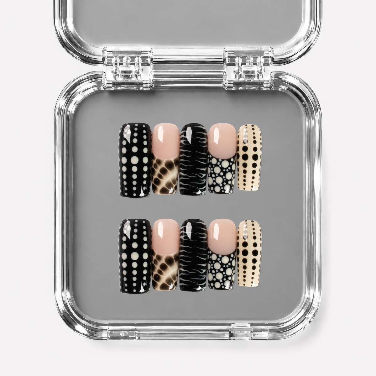 WILD ETIQUETTE, square press-on nails, medium length, animal print, French tip, polka dots, view 1