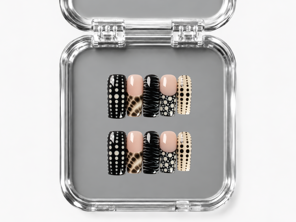 WILD ETIQUETTE, square press-on nails, medium length, animal print, French tip, polka dots, view 4