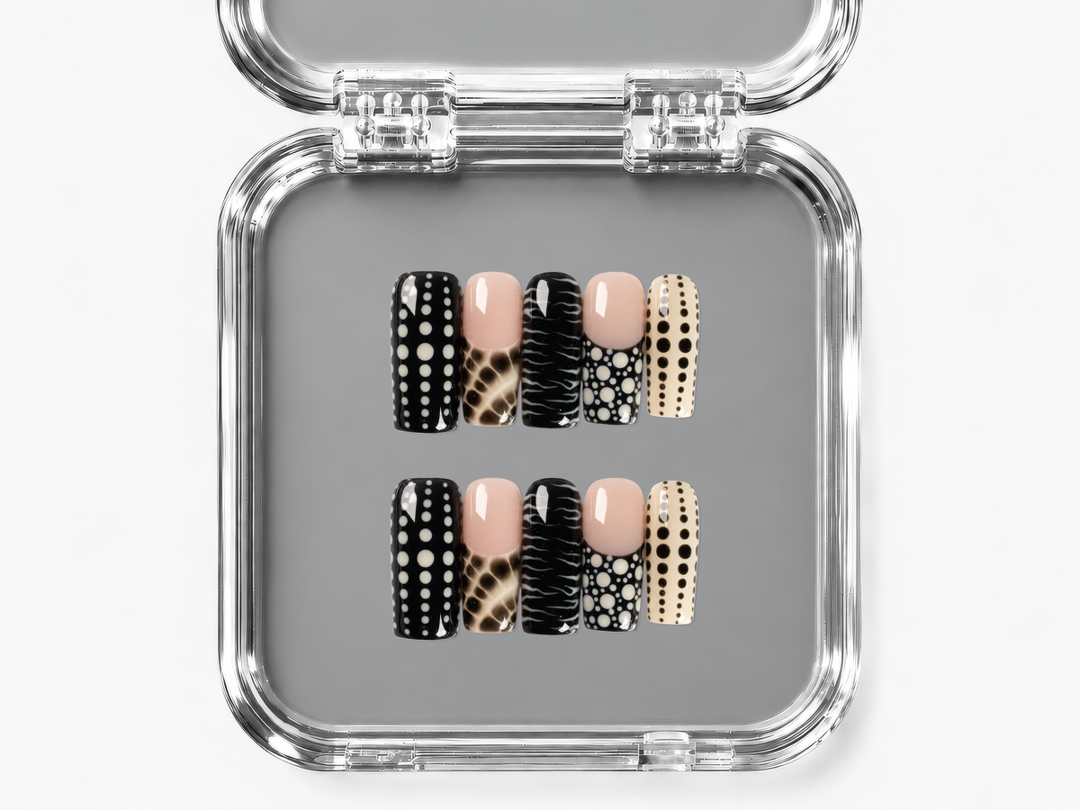 WILD ETIQUETTE, square press-on nails, medium length, animal print, French tip, polka dots, view 4