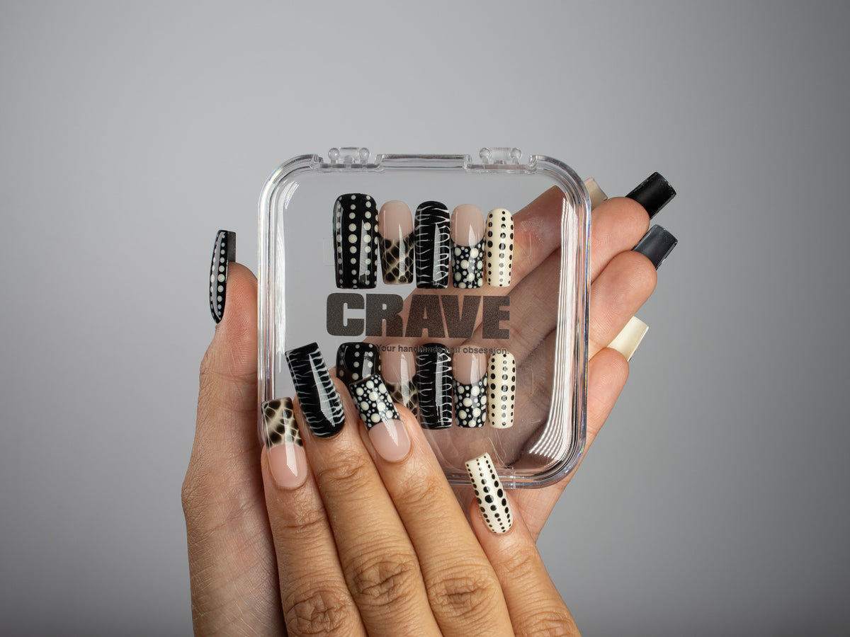 WILD ETIQUETTE, square press-on nails, medium length, animal print, French tip, polka dots, view 5