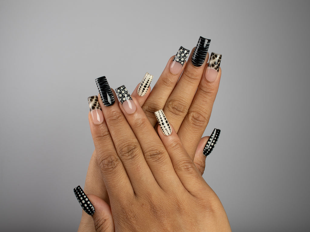 WILD ETIQUETTE, square press-on nails, medium length, animal print, French tip, polka dots, view 6