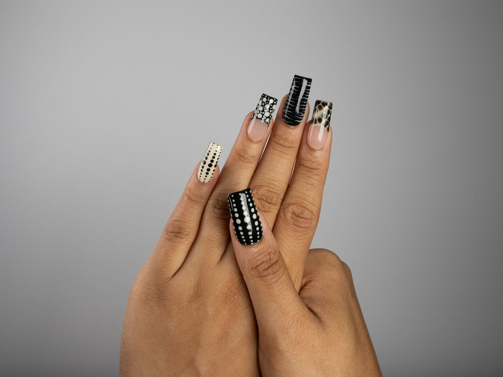 WILD ETIQUETTE, square press-on nails, medium length, animal print, French tip, polka dots, view 7